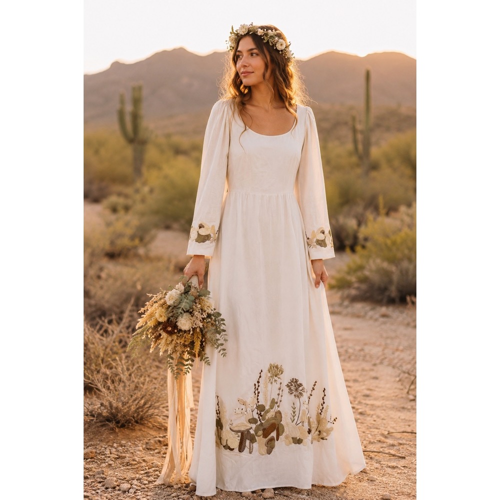 Handmade Boho Botanical Mushroom Embroidered Wedding Dress OOAK White Maxi Gown